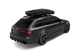 Audi SUV with a Thule roof cargo box, showcasing sleek storage for outdoor adventures, available at North Sport Rentals