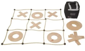 Outdoor giant tic-tac-toe game with a rope grid and wooden Xs and Os, available at North Sport Rentals