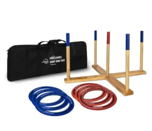 Giant ring toss game set with wooden base, blue and red rings, and carrying bag, available at North Sport Rentals