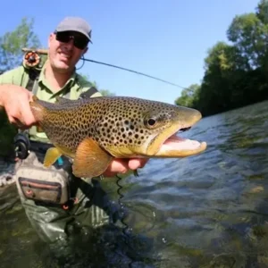 Fisherman holding a large trout in a river while fly fishing