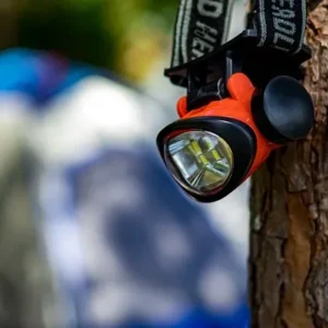 Camping headlamp hanging on a tree in Minneapolis