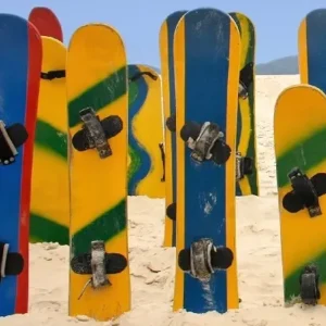 Colorful snowboards standing in the snow in Minnesota from North Sport Rentals