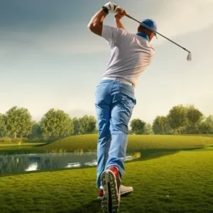 Golfer taking a swing on a green golf course in Minnesota