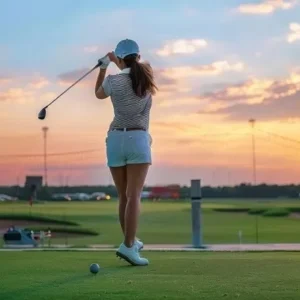 Woman golfer swinging a club at sunset on a driving range