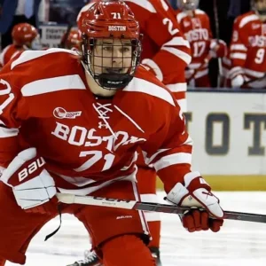 Ice hockey player in full gear during a game in Minnesota