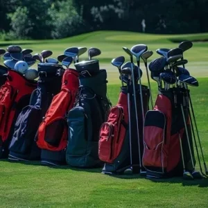 Multiple golf bags lined up on a golf course