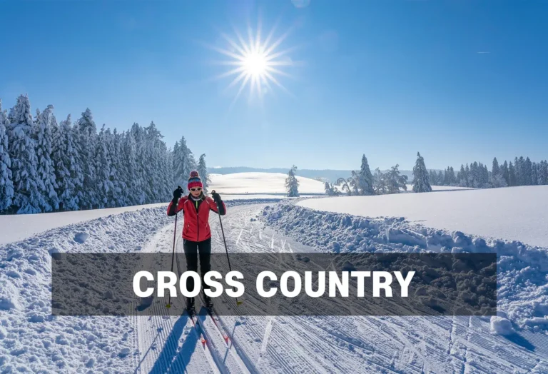 Cross-Country Ski Rentals - North Sport Rentals, Minnesota - North Sport Rentals Cross-country skier on a sunny winter day, gliding along a snow-covered trail surrounded by snow-laden trees and open fields.
