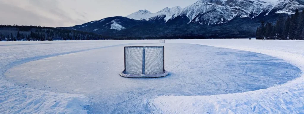 Outdoor ice hockey net on a frozen lake surrounded by snow-covered mountains and trees.