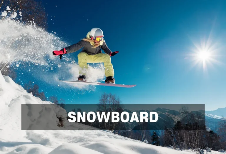 Snowboard Rentals - North Sport Rentals, Minnesota - North Sport Rentals Snowboarder catching air on a sunny mountain slope, leaving a trail of snow powder behind.