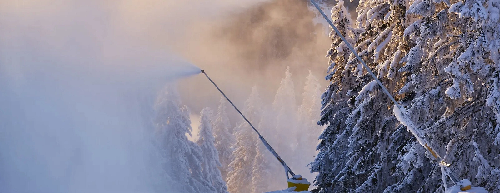 Snowmaker machine producing real snow in a snow-covered forest, available for rent at North Sport Rentals.