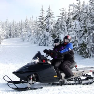 Two snowmobilers riding a snowmobile through a scenic snowy forest trail