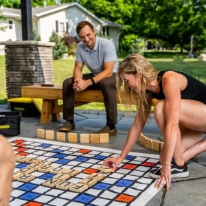 kids and adults playing jumbo lawn games at a community event