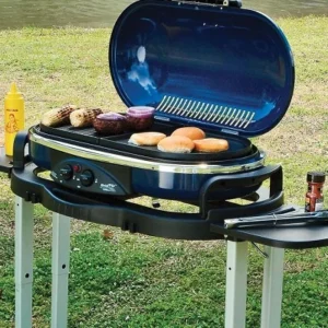 Portable grill loaded with buns and vegetables, set up on grass near a lake.