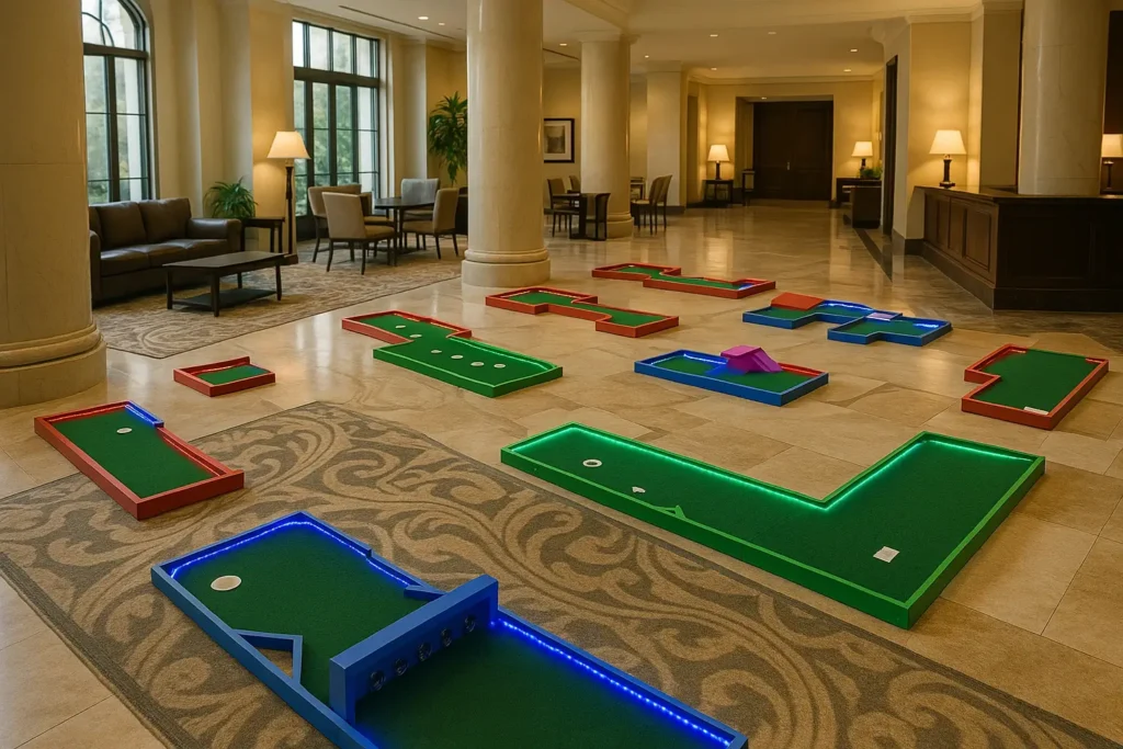 Compact portable mini golf rental course with delivery for events