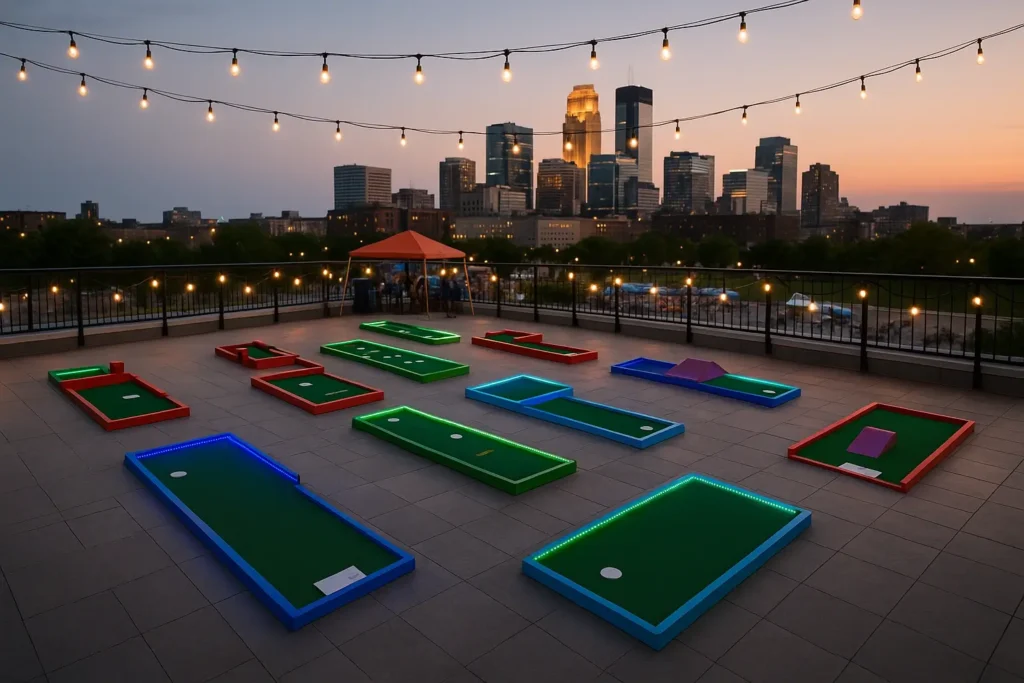 Mobile LED mini golf setup on rooftop for rent in Minnesota
