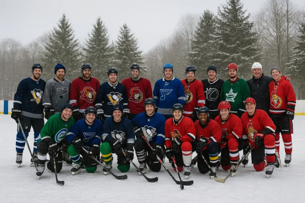 Group of people with hockey sticks on outdoor ice rink