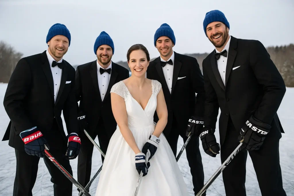 Group photo on frozen outdoor rink with hockey sticks. Ice Hockey Gear Rentals.