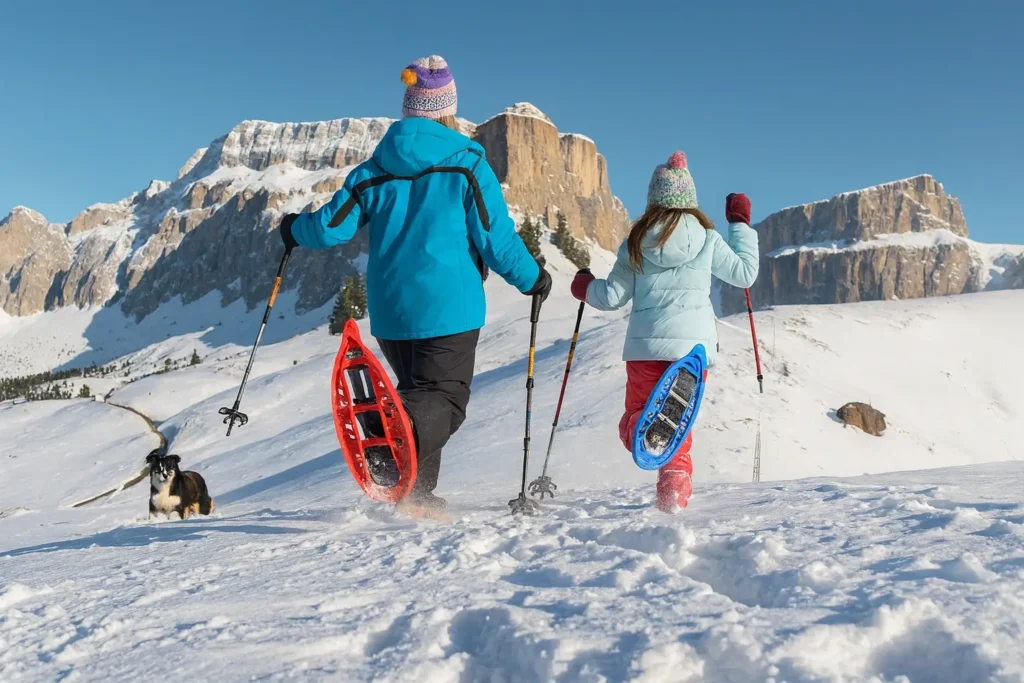 Lightweight snowshoes available for rent, designed for comfort on snowy trails.