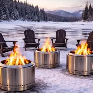 Stainless steel smokeless fire pits set up for outdoor events in winter conditions