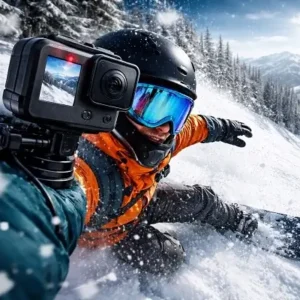 GoPro action camera mounted on helmet while snowboarding on a snowy mountain slope