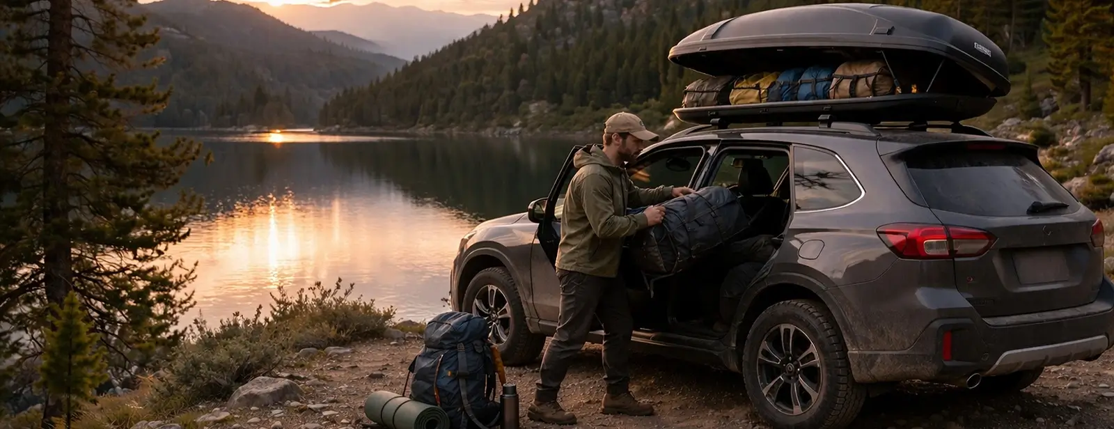 roof cargo box rental on suv camping trip outdoor travel storage box with luggage and gear