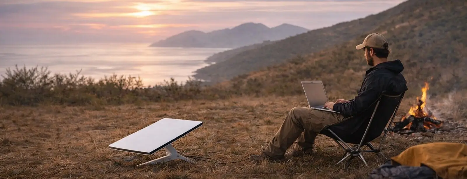 portable starlink internet camping setup with laptop outdoors remote work satellite internet
