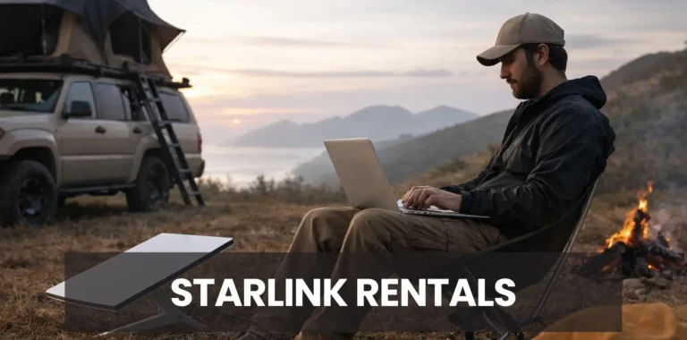 portable starlink internet camping setup with laptop outdoors remote work satellite internet