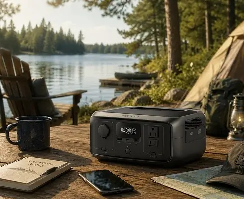 Portable Battery Generator Rental for Outdoor Adventures - North Sport Rentals Portable battery generator at a scenic lakeside campsite for travel, hiking, fishing, and off-grid power.