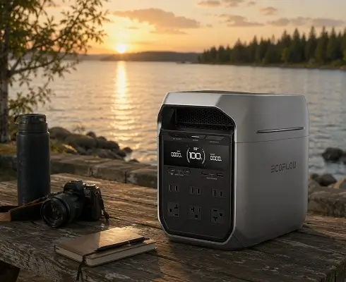 EcoFlow Portable Power Station Rental for Camping & RV Travel - North Sport Rentals EcoFlow portable power station by a lake providing quiet portable power for camping, RV travel, fishing, and outdoor adventures.