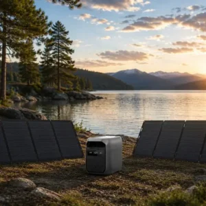 EcoFlow portable power station by a lake providing quiet portable power for camping, RV travel, fishing, and outdoor adventures. Rent today!