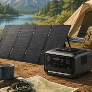 EcoFlow portable power station at an autumn lakeside picnic area for camping and outdoor recreation.
