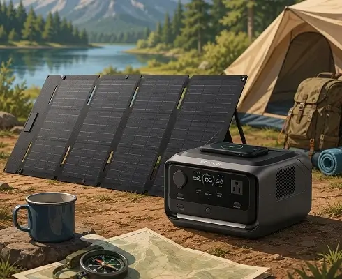 EcoFlow Portable Power for Camping, Fishing & Travel - North Sport Rentals EcoFlow portable power station at an autumn lakeside picnic area for camping and outdoor recreation.