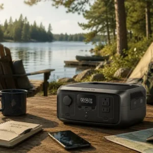 Portable Power Solutions for Camping & Travel - North Sport Rentals Portable power station by a lake for camping, hiking, RV travel, and outdoor recreation.