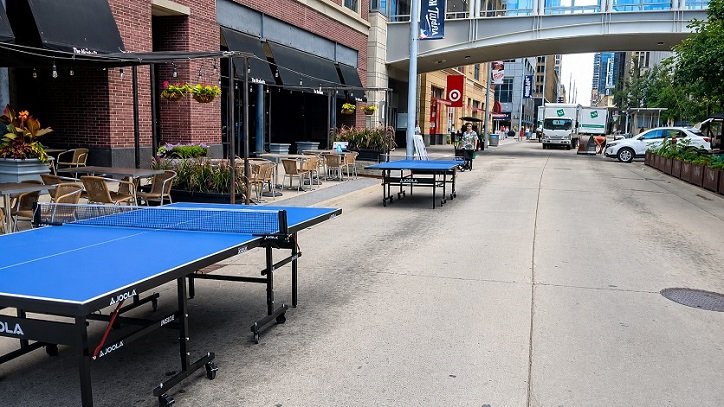 Professional ping pong table rental setup for the Downtown Wednesdays event in downtown Minneapolis near Nicollet Mall.