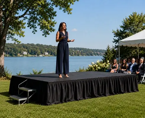 Woman presenting on a portable modular stage with black skirting at an outdoor lakeside event in Minnesota