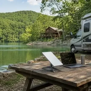 Lakeside campsite with a laptop on a stand and a tablet on a wooden table, a camper van and a cabin in the wooded background.