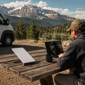 Man in a cap sits at a wooden picnic table in a campground, working on a laptop with a mug nearby; a white van, pine trees, and snow-capped mountains form the backdrop.