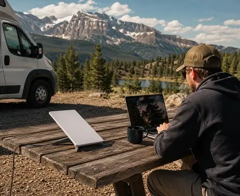 Starlink Mini Rentals in Colorado - North Sport Rentals Man in a cap sits at a wooden picnic table in a campground, working on a laptop with a mug nearby; a white van, pine trees, and snow-capped mountains form the backdrop.