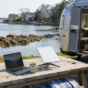 Laptop and tablet on a weathered wooden table by the water, mug between devices, next to a silver caravan.