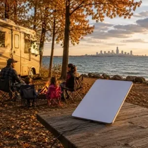Family sitting in camping chairs by a lakeside at sunset, with an RV nearby and a blank white portable board propped on a wooden table.
