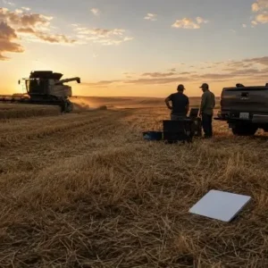 Starlink Mini Rentals in Kansas - North Sport Rentals Two workers stand in a harvested field at sunset beside a pickup truck as a combine harvester works in the distance, with farming equipment nearby.