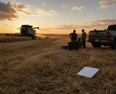 Starlink Mini Rentals in Kansas - North Sport Rentals Two workers stand in a harvested field at sunset beside a pickup truck as a combine harvester works in the distance, with farming equipment nearby.
