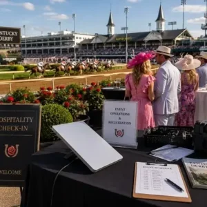 Hospitality check-in area at a Kentucky Derby event with guests in hats near a reception table; horses race in the background on the track.