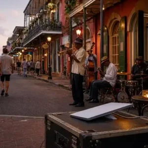 Starlink Mini Rentals in Louisiana - North Sport Rentals Jazz street band performs on a sunlit historic street as a couple strolls away; brass players with a drummer and a guitarist on a storefront-lined block; sound equipment case in foreground.