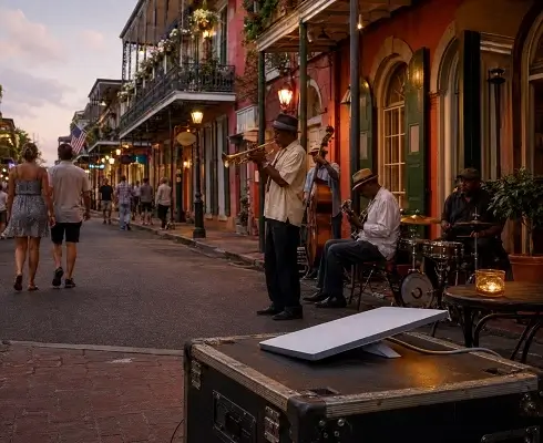 Starlink Mini Rentals in Louisiana - North Sport Rentals Jazz street band performs on a sunlit historic street as a couple strolls away; brass players with a drummer and a guitarist on a storefront-lined block; sound equipment case in foreground.