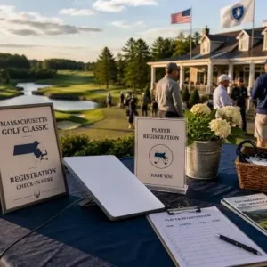 Starlink Mini Rentals in Massachusetts - North Sport Rentals Registration table at a golf tournament outdoors; signs read Massachusetts Golf Classic and Player Registration, with a clipboard on the table.