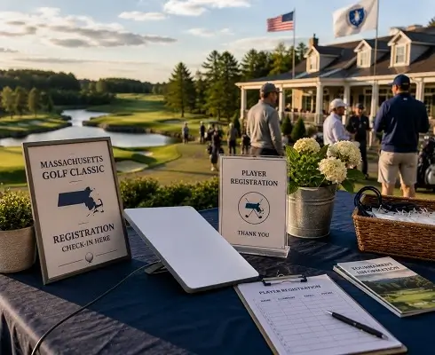 Starlink Mini Rentals in Massachusetts - North Sport Rentals Registration table at a golf tournament outdoors; signs read Massachusetts Golf Classic and Player Registration, with a clipboard on the table.