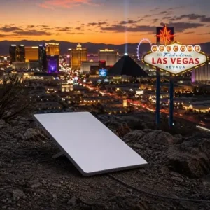 Starlink Mini Rentals in Nevada - North Sport Rentals White solar panel on rocky foreground with Las Vegas skyline at sunset in the distance, illuminating the city lights on the horizon.