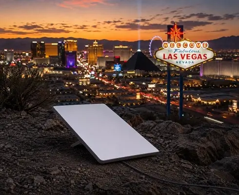 Starlink Mini Rentals in Nevada - North Sport Rentals White solar panel on rocky foreground with Las Vegas skyline at sunset in the distance, illuminating the city lights on the horizon.