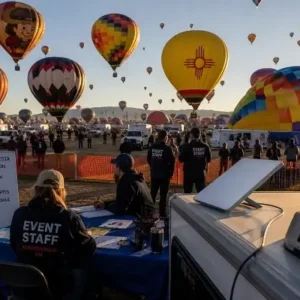 Ground view of a hot air balloon festival with colorful balloons preparing to launch; event staff sit at a table in the foreground.